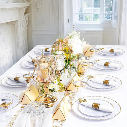YOUBET 350PCS Gold Scalloped Plastic Plates - White and Gold Disposable Dinnerware Set Include 100 Plates, 150 Gold Silverware, 50 Cups, 50 Napkins for Wedding & Party & Thanksgiving