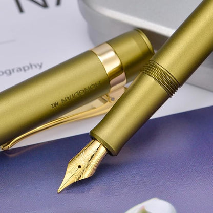 HONG DIAN M2 Black Forest Mini Fountain Pen, Long Blade Nib & Sleek Shape Aluminium Short Pocket Travel Pen (Olive Green)