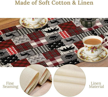 Rustic Farm Table Runner,Vintage Woodland Deer Bear Animal Buffalo Plaid Print Tablecloth Burlap for Hotel Indoors Outdoor Dining Room Kitchen Home Decor,W13X L60 in