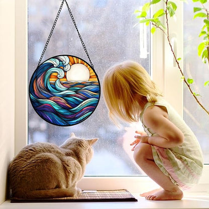 Stained Glass Window Hanging, Big Wave Sun Suncatcher Diamond Glass Panel Hangings Abstract Sun Catchers Decor for Birthday for Women, Men, Wife, Aunt, and Mom 11.8x11.8 in