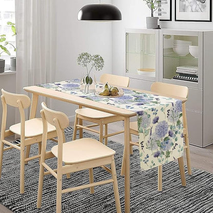 Spring Hydrangea Flower Table Runner, Seasonal Summer Plants Watercolor Eucalyptus Leaves Purple Florals Dinner Runner for Home Kitchen Dining Table Party Holiday Decoration 13"x60"