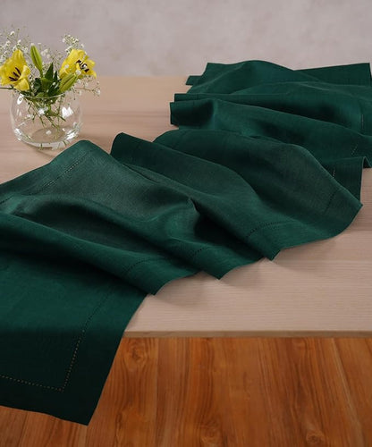 Linen Table Runner 14 x 72 Inch Long - 100% Pure Linen Christmas Green Table Runner - Cloth Fabric Hemstitch Runner for Thanksgiving, Christmas, Winter, New Year - Elara