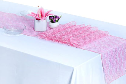 MDS Pack of 10 Wedding 12 x 108 inches Lace Table Runner for Wedding, Decorations for Birthday Parties, Banquets, Graduations, Engagements, and Runners fit Rectangle, Round Table- Pink