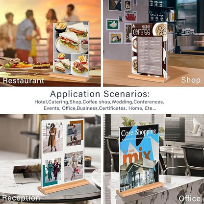 Kersally Acrylic Sign Holder 8.5 x 11, 6 Pack Double-Sided Clear Table Display Stands with Wood Base,Vertical Acrylic Frame Menu Flyer Paper Holder for Stores, Restaurants, Hotels, Office, Show Fair
