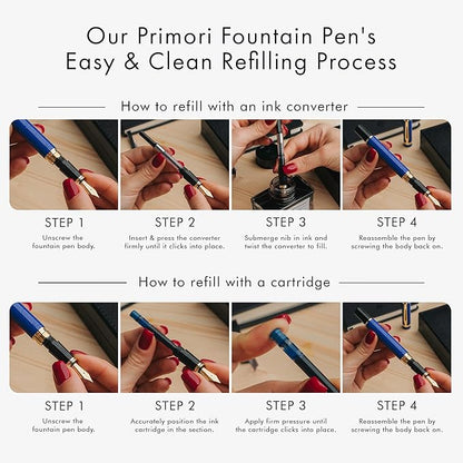 Wordsworth & Black Primori Fountain Pen Set [Blue Gold]; Fine Nib, Gift Case, 24 Ink Cartridges, Refill Converter, Manual; Journaling, Calligraphy, Smooth Writing Pens; Left and Right Handed