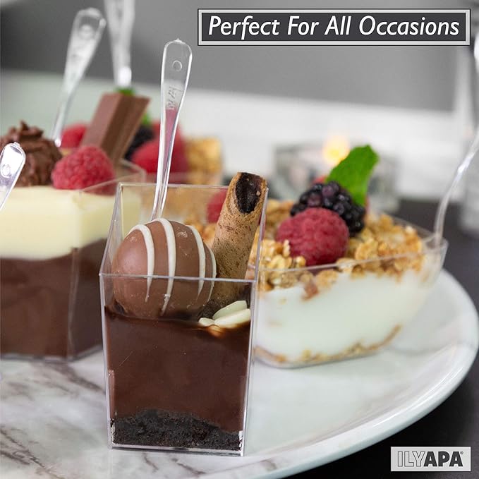 Ilyapa 3oz Plastic Dessert Cups - 100 Pack Mini Dessert Cups with Spoons - Small Clear Reusable for Cheesecake Shooters, Chocolate Mousse, Parfait - Party and Catering Supplies - Slanted
