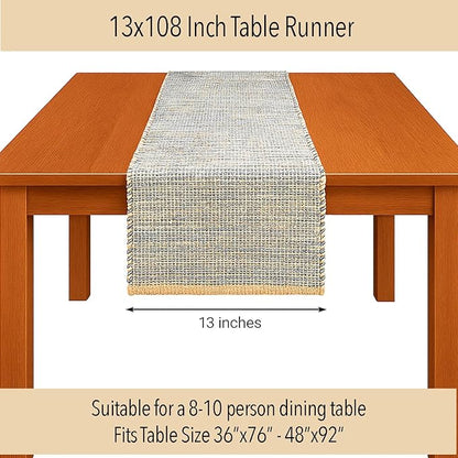 Chardin home Natural Jute Table Runner 13x108 Inch – Vintage Boho Rustic Table Decor – Handwoven Long Table Runner in Natural Jute and Grey – Farmhouse Dining or Console Table Accent