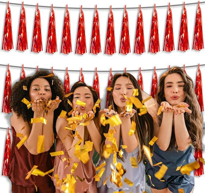 3P Metallic Fringe Tassel Banner Garland Foil Tinsel Streamer Wall Hanging Curtain Backdrop Banner for Parade Floats,Graduation Decorations, Wedding Party Decoration(Red)