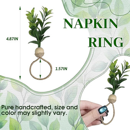 MAOANME Napkin Rings Set of 12, Rustic Eucalyptus Napkin Holder Rings with Wood Bead, Farmhouse Green Leaf Napkin Ring Bulk, Boho Napkin Ring for Wedding, Table Decor