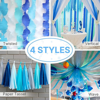 PartyWoo Blue Crepe Paper Streamers 4pcs 328ft Pack of Light Sky Blue Crepe Paper Streamers for Birthday Gender Reveal Baby Shower Graduation Pool Mermaid Under The Sea Theme Party Decorations