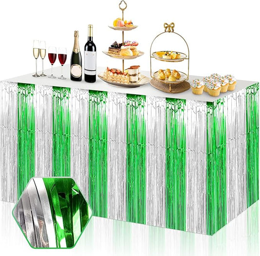 3 Pack 29x108 Inch Silver Green Foil Fringe Table Skirts Metallic Banner for Tinsel Streamer Garland Backdrop for Parade Floats Wedding Thanksgiving Birthday Christmas Halloween Party Decoration