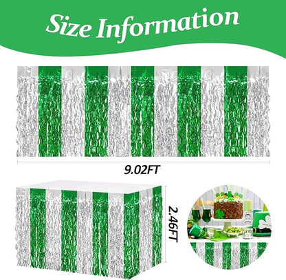 4P Wavy Metallic Tinsel Foil Fringe Table Skirts for Rectangle Tables Backdrop Garland Curtains for Parade Floats Wedding Birthday Parties Decoration Graduation 2025 Christmas (Silver Green)