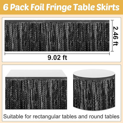 6 Pack 29x108 Inch Black Wave Foil Fringe Table Skirts Metallic Banner for Tinsel Streamer Garland Backdrop for Parade Floats Wedding, Mother's Day, Birthday Mardi Gras Party Decorations