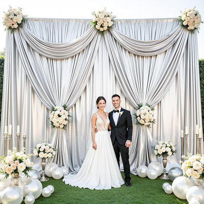Silver Satin Backdrop Curtains 2 Panels - Glitter Photo Drapes for Baby Shower, 10x10FT Shimmer Back Drop Decor, Wrinkle Free for Birthday Party Prom Wedding Anniversary Background