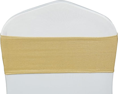 VDS Pack of 125 PCS | Metallic Gold | Spandex Chair Sashes Bows without Buckle | Stretch Elastic Banquet Universal Folding Chair Band Tie with for Wedding Party Conference Celebration Event Decoration