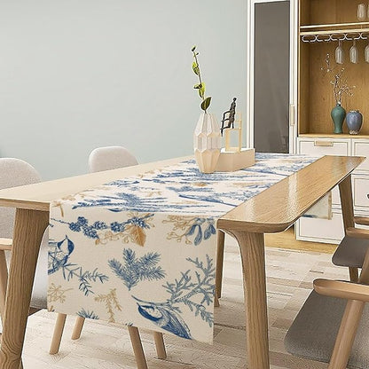 Floral Table Runner,Sketch Birds and Flowers Summer Table Runner Kitchen Dining Table Decoration for Home Party Decor 13x60 Inch