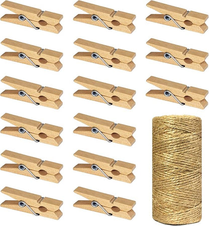 Mini Wooden Clothespins With Jute Twine, 100pcs, 1.4 Inch Photo Paper Peg Pin Craft Clips With 320ft Twine for Scrapbooking, Arts & Crafts, Hanging Photos (Natural Color)