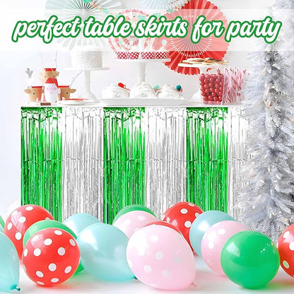 3 Pack Silver Green Foil Fringe Table Skirts Metallic Tinsel Streamers Garland Banner Backdrop for Table Decor, Parade Float, Birthday, Wedding, Halloween, Christmas Party Decorations(29x108 In)
