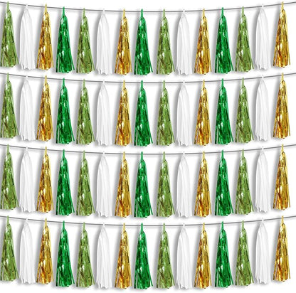 4P Sage-Green Beige-Mint Gold Foil Fringe Metallic Tassel Garland Banner, Tassels Banner Streamers for Parade Floats, Bachelorette, Wedding, Birthday, Christmas, Bridal/Baby Shower Party Decorations