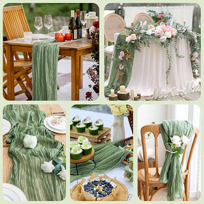 Asee'm 12pcs Cheesecloth Table Runner 120 Inches Sage Green Boho Gauze Cheese Cloth Runner 10FT Rustic Sheer Table Runners for Summer Wedding Baby Shower Holiday Party Decoration