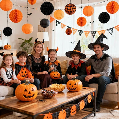ZOOYOO 12Pcs 6" 10" Honeycomb Balls Decorations Hanging Tissue Paper Pom Poms for Halloween Graduations Birthday Wedding Fall Party Thanksgiving Decorations(Orange Black)