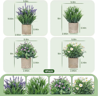 4 Pack Small Fake Plants, Artificial Eucalyptus Leaves with Flowers, Lavender & Daisy with Gray Paper Pulp Pots, Small Faux Potted Plant with Flowers for Home Decor, Indoor&Outdoor Decoration