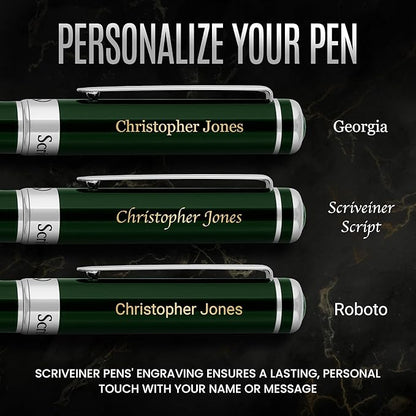 Scriveiner Personalized British Racing Green Pen - Stunning Green Lacquer Luxury Pen w/Chrome Finish, German Schmidt Nib (Medium), Best Engraved Fountain Pen Gift Set for Men & Women, Name Engraving