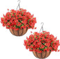 Hananona 24 Pcs Artficial Outdoor Flowers with Hanging Baskets, 2 Pack Hanging Planter with Red Outdoor Spring Flowers for Christmas Porch Home Patio Yard Decor (2, Red)