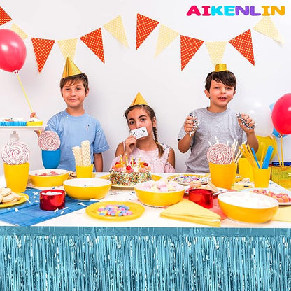6 Pack 29x108 Inch Metallic Foil Fringe Tinsel Table Skirts Banner for Rectangle Tables Streamer Garland Backdrop for Wedding, Birthday, Parade Floats, Halloween Party Decoration(Light Blue)
