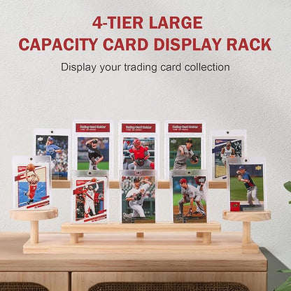 Wooden Trading Card Display Stand, 3-Tier Card Holder for Graded, Sports and TCG Cards, Tabletop Display Holder, Rustic Solid Wood Shelf Stand for Basketball Football Hockey(Wood Grain)