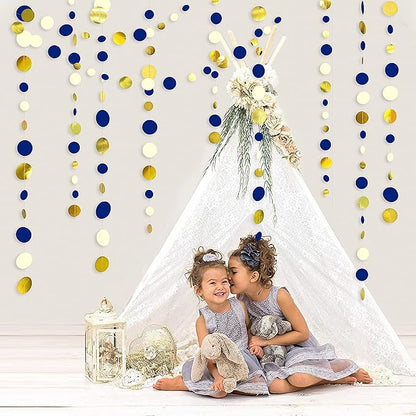 46 Ft Navy Blue and Gold Circle Dots Garland Royal Blue Hanging Paper Polka Dot Streamer for Birthday Wedding Bridal Baby Shower Graduations Nautical Ahoy Achor Pirate Theme Party Decorations Supplies