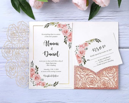 20 Pcs Laser Cut Wedding Invitations Card Pocket with Envelope for Birthday Party Baby or Bride Shower Invite suitable for 5 * 7 Inches Insert Paper (Rose Gold Glitter)