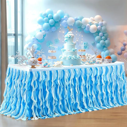 Partisky Ocean Blue Tulle Tutu Ruffle Curly Willow Table Skirt for Rectangle Table 17ft,Under The Sea Baby Shark Themed Table Cloth for Boys Girls Birthday Party or Baby Shower