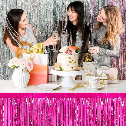 3 Pack Fuchsia Foil Fringe Table Skirts Metallic Tinsel Streamers Garland Banner Backdrop for Table Decor, Parade Float, Birthday, Wedding, Halloween, Christmas Party Decorations(29x108 In)