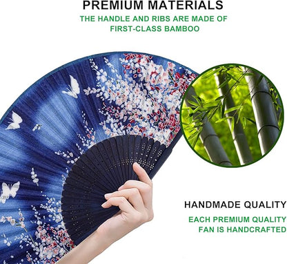Amajiji 8.27"(21cm) Hand Held Bamboo Silk Folding Fan Hand Fan,Chinese/Japanese Charming Elegant Vintage Retro Style,Women Ladys Girls Best Gifts (Blue Butterfly)
