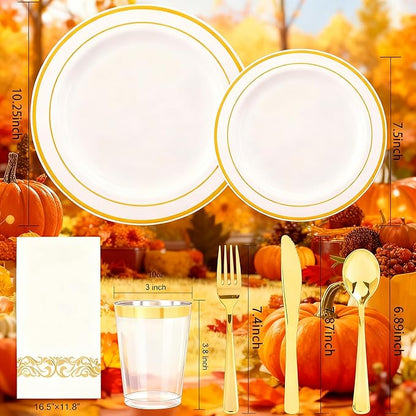 350 Pieces White and Gold Plastic Plates - 50 Guest Thanksgiving Dinnerware Set Include 100 Plates, 50 Plastic Silverware, 50 Napkins and 50 Cups for Thanksgiving
