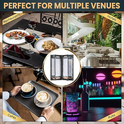 12 Pack 6 View Menu Holder Menu Covers 4.25" x 11" | Black Leather Menu Sleeves Book Style for Restaurant Coffee Bars Wine List