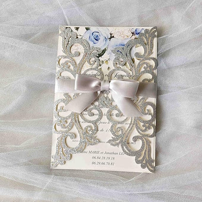 25PCS Silver Glitter Laser Cut Wedding Invitations Cards with Envelopes,Blank Inner Sheets,Ribbons for Wedding Bridal Shower Quinceañera Engagement Birthday Invites