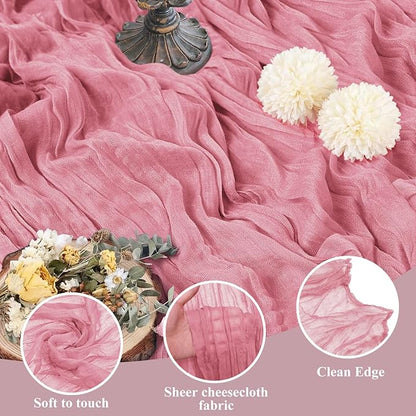 Asee'm 2pcs Cheesecloth Table Runner 120 Inches Dusty Rose Boho Gauze Cheese Cloth Runner 10FT Rustic Sheer Table Runners for Summer Wedding Baby Shower Holiday Party Decoration