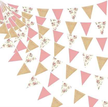 32Ft Flora Party Decorations Blush Rose Pink Burlap Flora Triangle Flag Fabric Banner Pennant Garland Streamer for Chic Tea Party Vintage Birthday Wedding Baby Shower Engagement Rustic Garden Decor