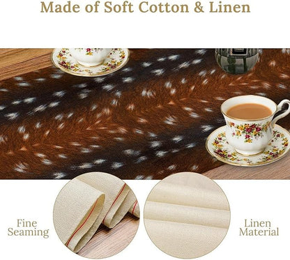 Deer Skin Table Runner Brown Fur Runner Black White Elk Deer Print Fur Western Print Cotton Linen Cottage Dinner Table Runners for Dining Room Kitchen Table Setting, 13x108 Inch