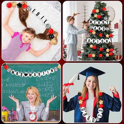 Giant Friendship Bracelet Garland Kit, DIY Birthday Banner with Letters Ball Jumbo Customizable Friendship Bracelet Decor for Halloween Christmas Wedding Party(Black, Gold, Red)