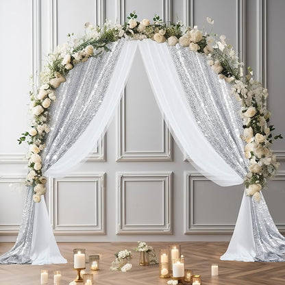 Wedding Arch Draping Fabric, 1 Panel 28" x19ft White Arch Drapes & 1 Panel 16" x19ft Silver Sequin Fabric Drapes Arbor Backdrop Curtain for Wedding Arch Ceremony Bridal Shower Reception