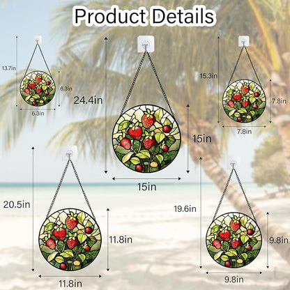 Stained Glass Window Hanging - Red Strawberry Suncatcher for Doors Window Home Green Plant Sun Catchers Decor Christmas Mother's Day Birthday Gifts for Teacher Women Men Mom Nana 15 in