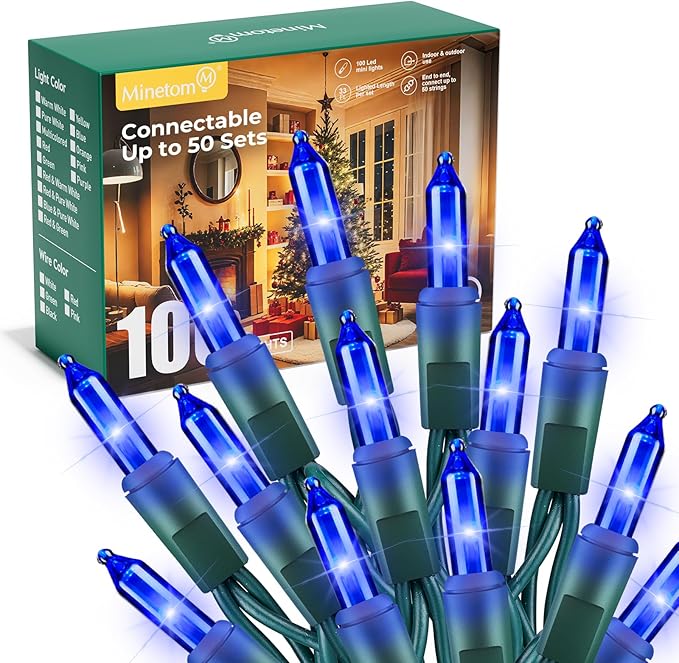 Minetom LED Blue Christmas String Lights, 100 Count 33 Feet LED Christmas Lights Bulb, Christmas Decorations Indoor, Christma Tree Lights for Indoor Outdoor Xmas Wedding Party Festival