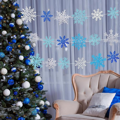 Winter Snowflake Cutouts Glitter Paper Decorations - 50Pcs Blue and Silver Double-Side Christmas Cutouts for Holiday Winter Wonderland Bulletin Board, Frozen Party Decor