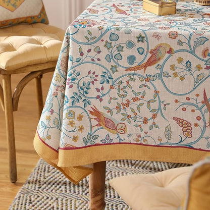 patdrea Designer Small French Rectangular Tablecloth,Vintage Yellow Floral Birds Pattern Linen Colorful Table Cloth,Decor Cover for Kitchen Dining Banquet,Christmas,Thanksgiving,55"x71"-Magnolia