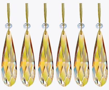 Crystal Glass Christmas Ornaments, 6Pcs Teardrop Prism Hanging Crystals for Christmas Tree,Centerpieces,Wedding,Party Decor (Gold)
