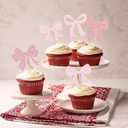 Gyufise 36Pcs Bow Cupcake Toppers Glitter Bowknot Cupcake Picks Bow Tie Birthday Decorations Princess Bow Cupcake Decorations for Bowknot Theme Baby Shower Birthday Party Supplies Multi Pink