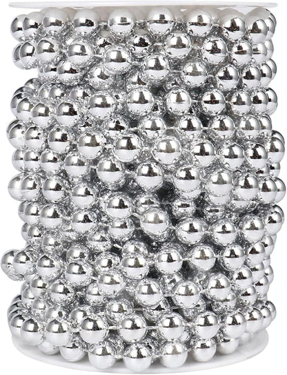 [33 Feet] Silver Pearl Beads Garland, 10MM 11 Yards Silver Faux Pearl Beads String Roll Bulk for DIY Craft Christmas Tree Wedding Party Decoration